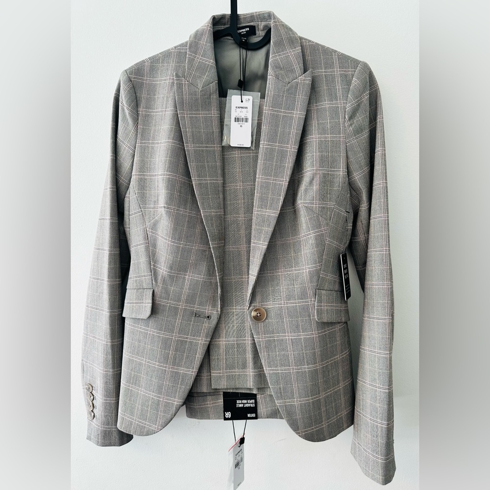 Express Gray Plaid Blazer with Subtle Pink Windowpane